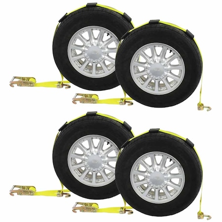 Us Cargo Control Car Carrier WheelStrap w/ Swivel Hooks, Adj. Rubber Blocks, Ratchet, 4Pk WNTH22-4PK